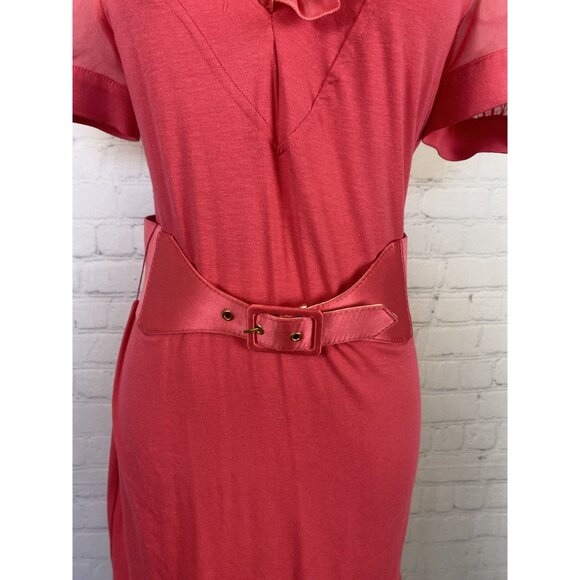 Bebe Y2K Silk Medium Pink Ruffle Sheer Puff Sleeve Midi Belted Dress - Picture 3 of 8